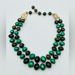 Vintage Green Beaded Double Strand Necklace Gold Clasp 50s 60s Iridescent